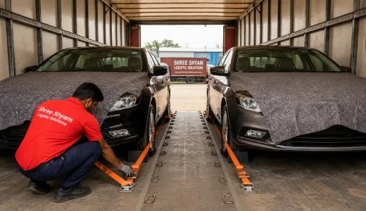 Cars secured with wheel straps and chocks inside a covered car carrier