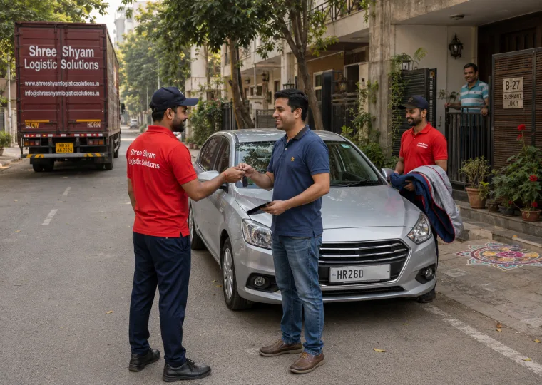 Customer receiving car keys at doorstep delivery after safe car transportation