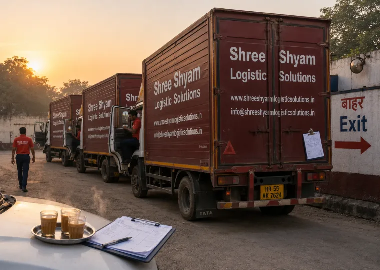Enclosed car carrier truck with white cabin and Shree Shyam Logistic Solutions branding