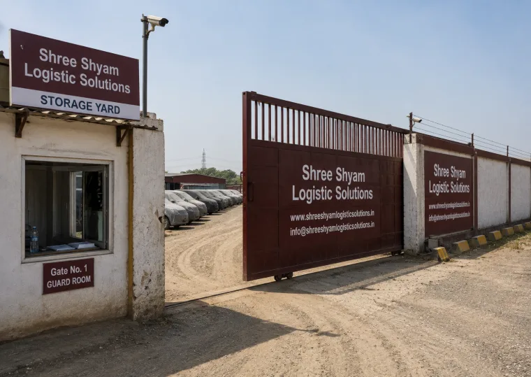 Gated and CCTV monitored vehicle storage yard with cars in marked parking bays