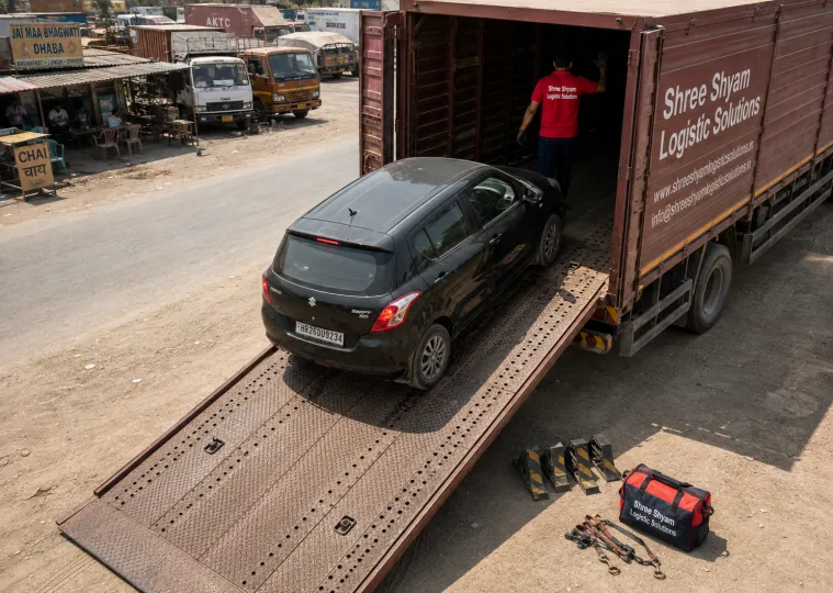 Car being driven up a hydraulic loading ramp into a covered carrier by trained crew