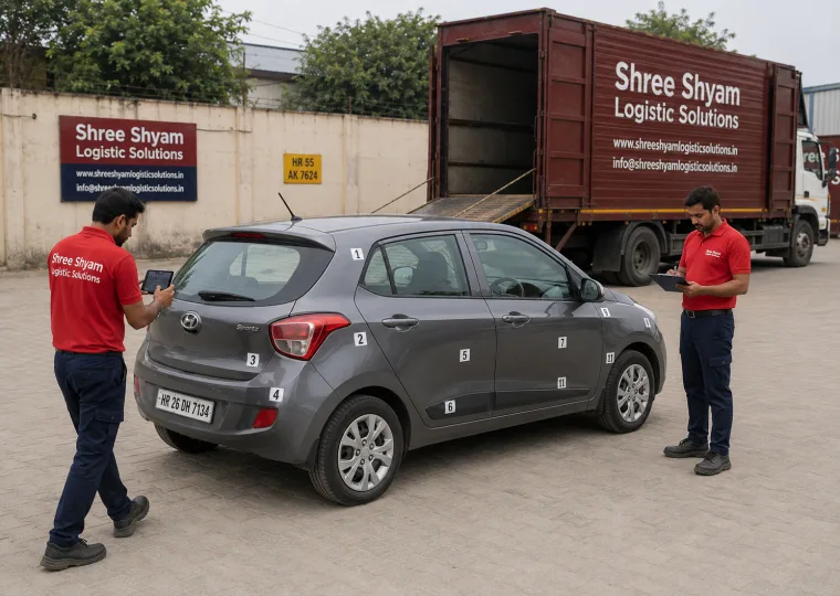 Crew member completing a pre-loading vehicle condition inspection on a clipboard