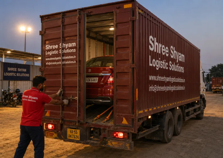 Sedan secured inside an enclosed car carrier by Shree Shyam Logistic Solutions in Gurgaon