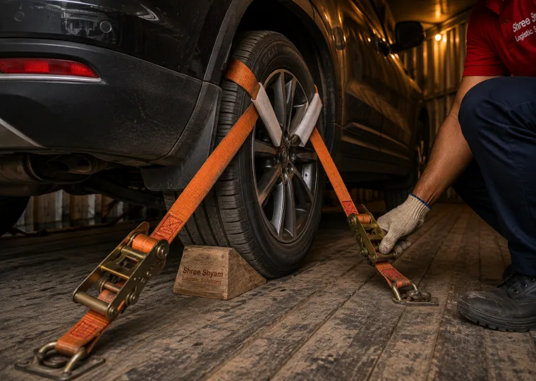 SUV secured with soft wheel straps and chocks inside an enclosed vehicle carrier