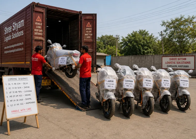 Multiple wrapped two-wheelers clamped and secured for batch transport across India