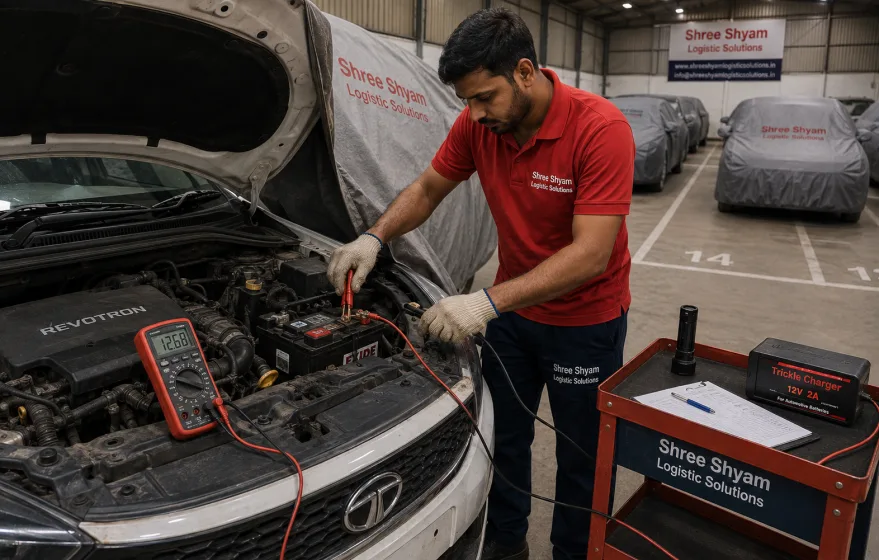 Technician checking battery voltage on a stored car during periodic vehicle care