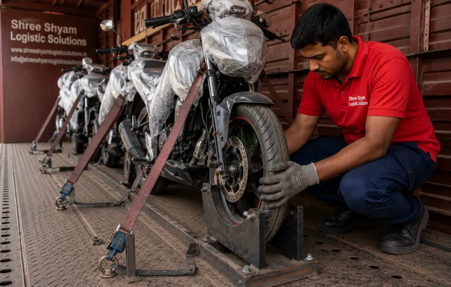 Motorcycle secured upright in a dedicated wheel chock inside a bike transport carrier