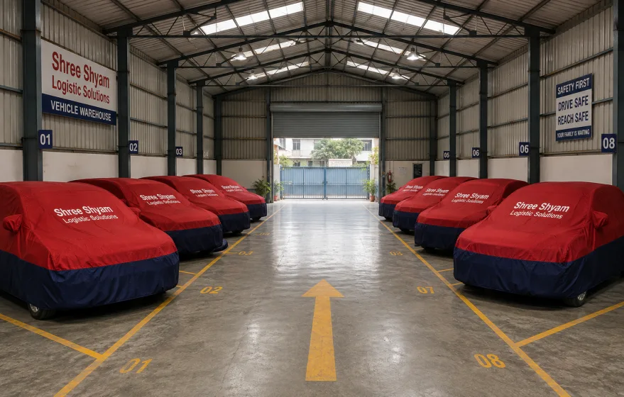 Cars parked in marked covered storage bays at the vehicle warehousing facility in Gurgaon