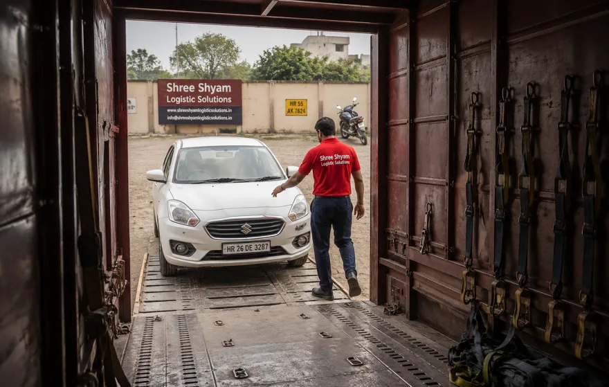 Car being driven up hydraulic ramps into an enclosed car carrier in Gurgaon