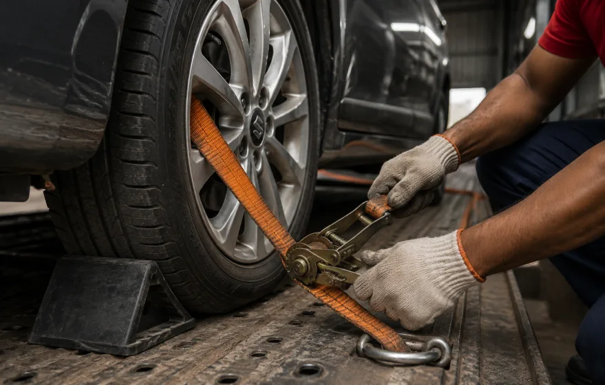 Crew securing a car with soft nylon wheel straps inside a car carrier
