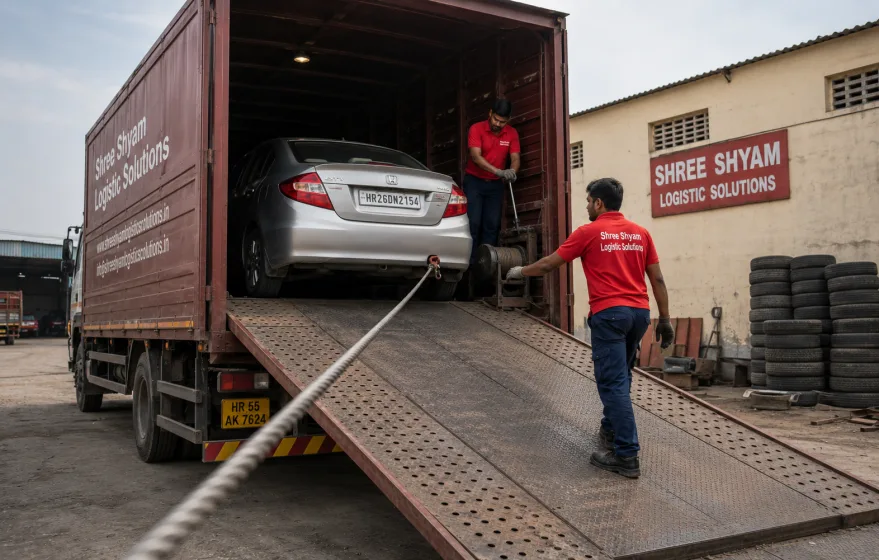 Non-running car being winched onto a carrier using professional loading equipment in Gurgaon